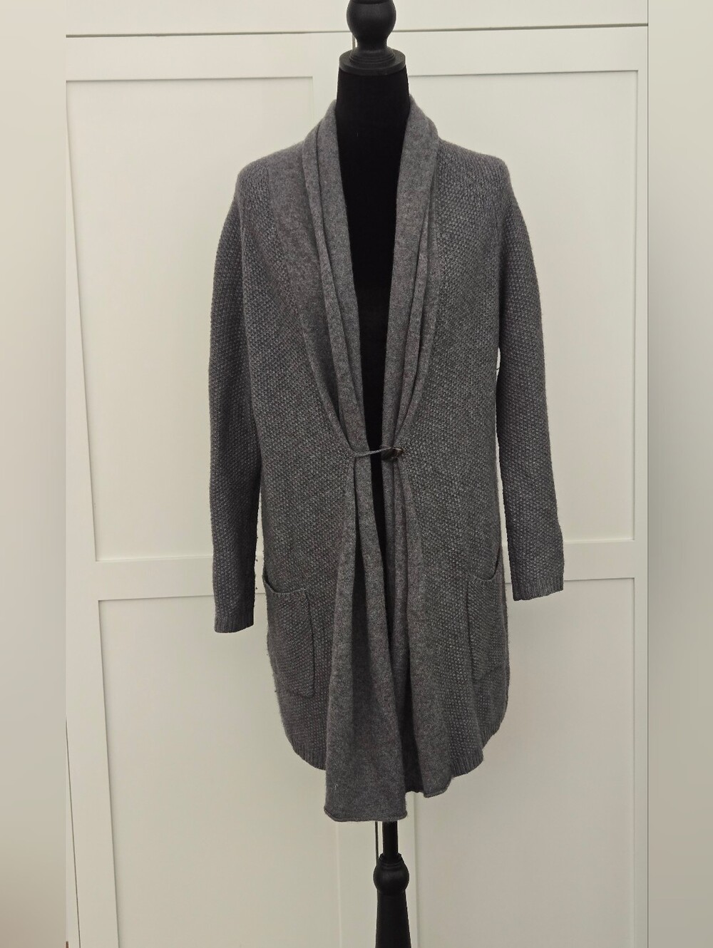 Tahari 100% Cashmere 2 Ply Open Front Cardigan Grey Mind-Length Pocket Sweater S